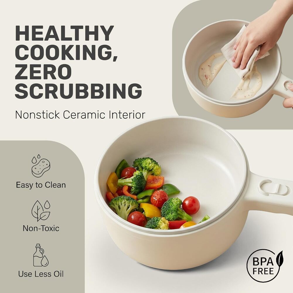 CERAMAX PRO Electric Hot Pot with Lid & Steamer, 1.5L Non Toxic Ceramic Skillet - Picture 4 of 8